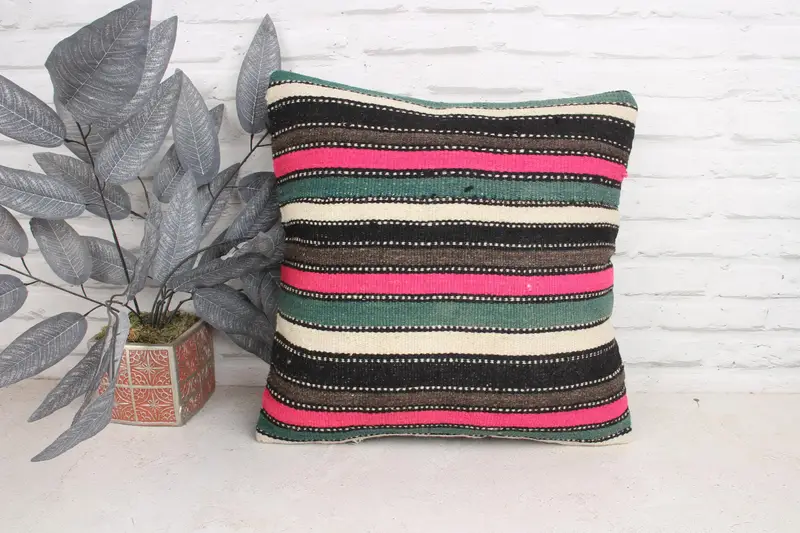 Gift Pillow, 18x18 Pink Cushion, Kilim Cushion Sham, Bohemian Cushion Pillow Sham, Cushion Cover, Interior Designer Pillow, Square Throw Pillow - 1