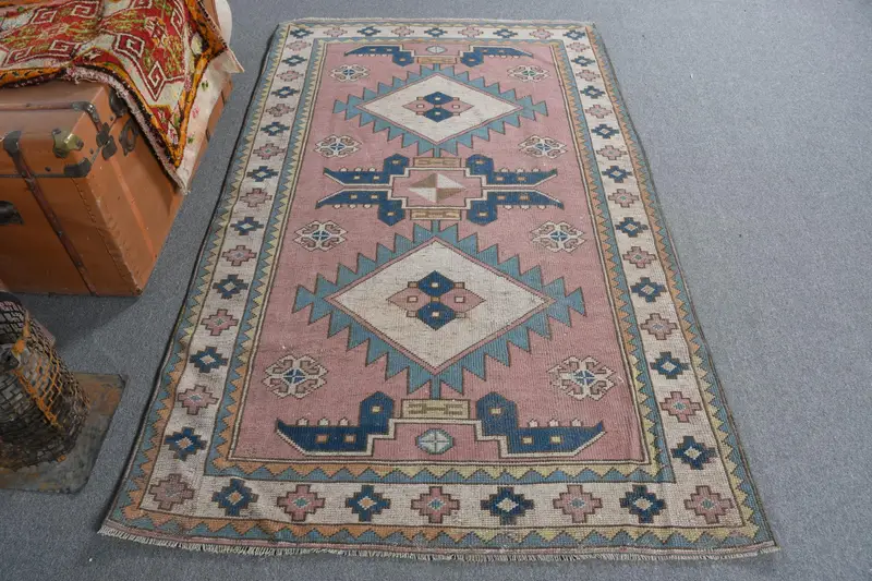 Blue & Brown Rug, 4,2x6,9 ft Plant & Tree Pattern