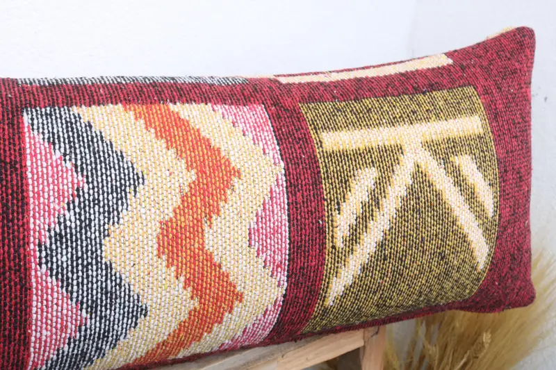Kilim Pillow Cover, 12x48 Red Cushion Case, Decorative Bolster Pillow Case, Ethnical Kilim Rug Pillow, Pillow for Sofa, Cushion Cover - 5