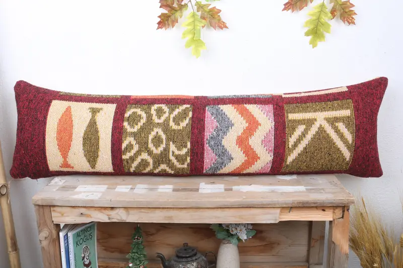 Kilim Pillow Cover, 12x48 Red Cushion Case, Decorative Bolster Pillow Case, Ethnical Kilim Rug Pillow, Pillow for Sofa, Cushion Cover - 2