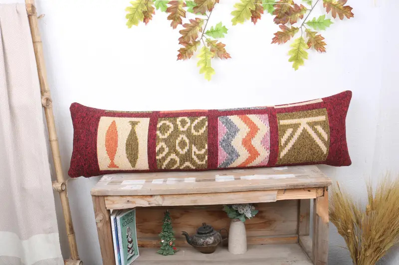 Kilim Pillow Cover, 12x48 Red Cushion Case, Decorative Bolster Pillow Case, Ethnical Kilim Rug Pillow, Pillow for Sofa, Cushion Cover - 1