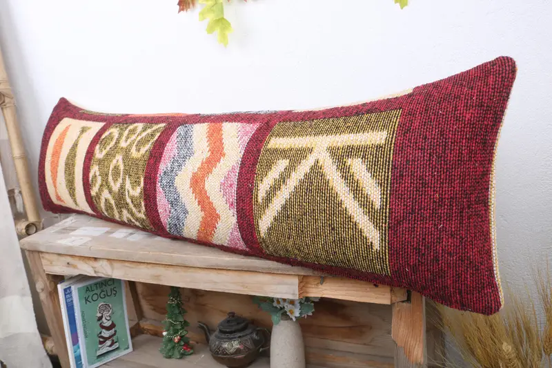 Kilim Pillow Cover, 12x48 Red Cushion Case, Decorative Bolster Pillow Case, Ethnical Kilim Rug Pillow, Pillow for Sofa, Cushion Cover - 4