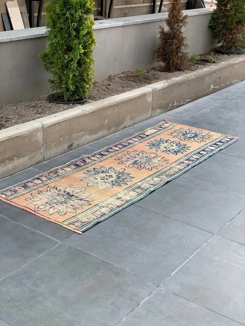 Sarı Oryantal Halı, Mavi Desenli 2,46x6,85 ft