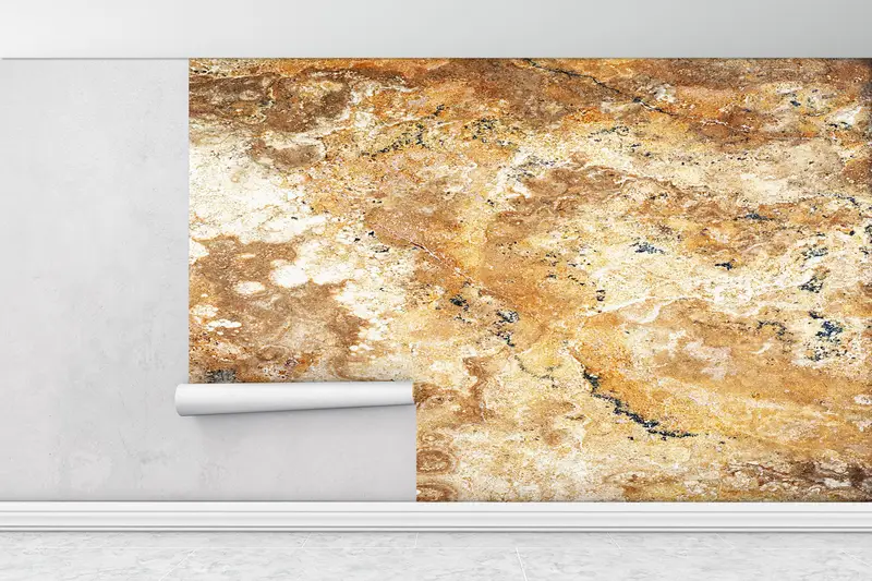 Brown Marble Wall Paper, Yellow Marble Wall Art, 3D Wall Mural, Marble Wall Mural, Brown Tones Travertine Wall Stickers, Do It Yourself, - 1