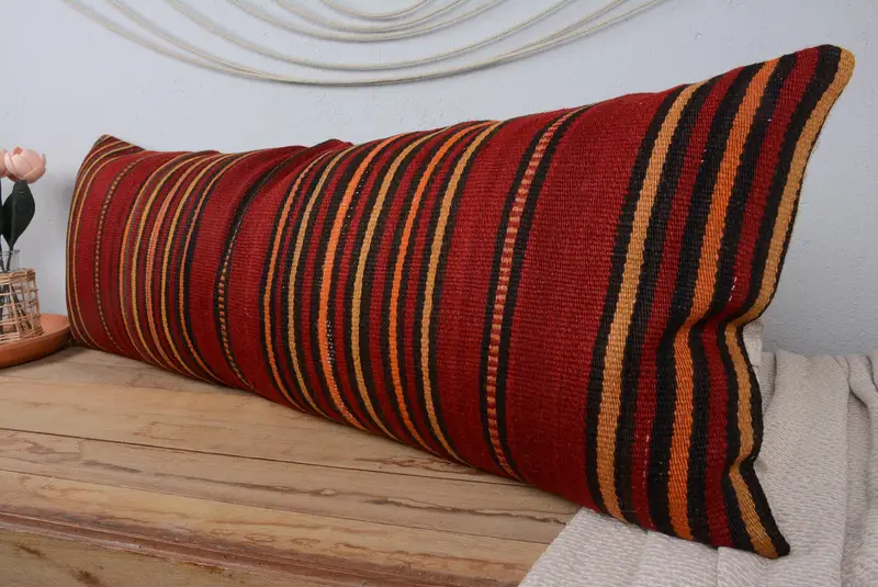 Turkish Pillow, Handmade Throw Pillow Sham, Sustainable Pillow Cover, Vintage Kilim Pillow, Pillow Sham, Throw Kilim Pillow, 16x48 Red Cushion Cover - 4