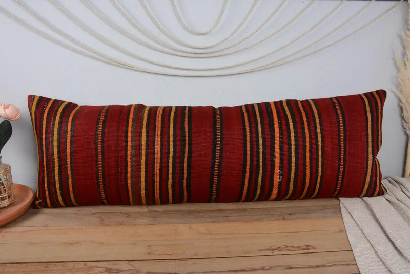 Turkish Pillow, Handmade Throw Pillow Sham, Sustainable Pillow Cover, Vintage Kilim Pillow, Pillow Sham, Throw Kilim Pillow, 16x48 Red Cushion Cover - 2