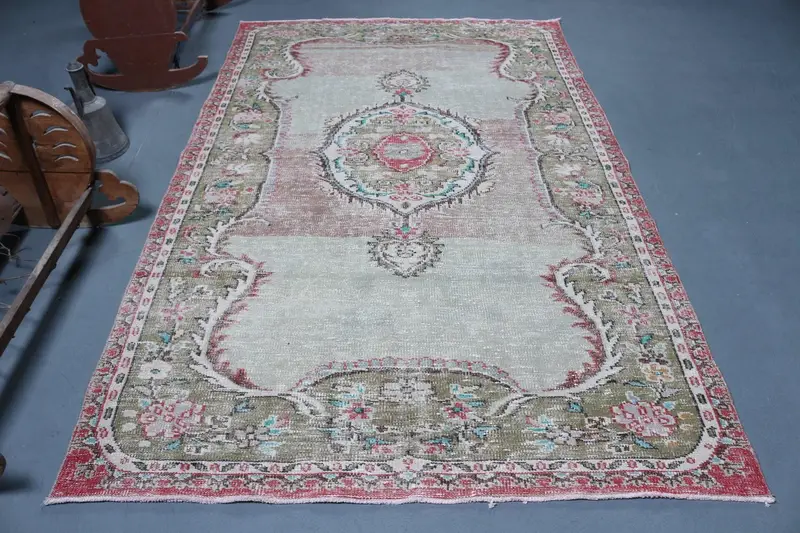 Alfombra grande vintage Oushak 5,3x8,9 pies (163x270 cm), alfombra turca de rayas rojas - 1