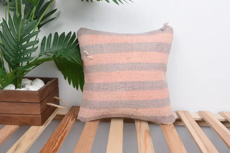 Kilim Cushion Sham, Aesthetic Cushion, Pillow for Sofa, 14x14 Pink Pillow Sham, Cushion Case, Farmhouse Pillow Case, Handmade Kilim Cushion - 1