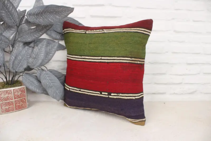 Turkish Pillow, Turkish Kilim Pillow, Handmade Throw Pillow Case, 16x16 Green Cushion, Designer Throw Pillow Case, Vintage Pillow, Pillow Case - 4