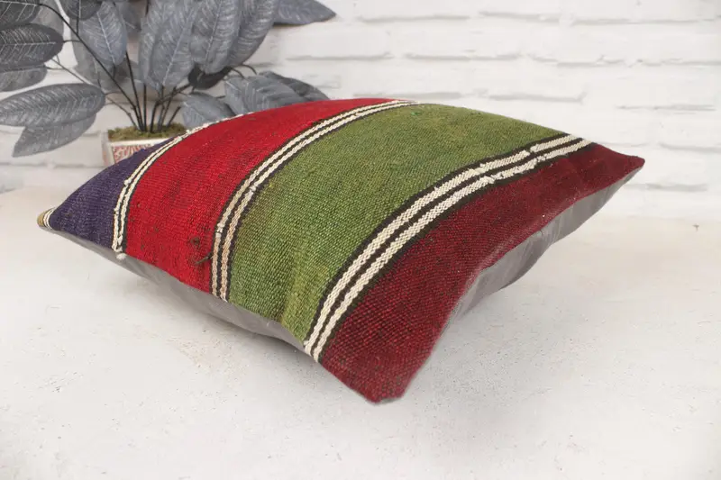 Turkish Pillow, Turkish Kilim Pillow, Handmade Throw Pillow Case, 16x16 Green Cushion, Designer Throw Pillow Case, Vintage Pillow, Pillow Case - 6