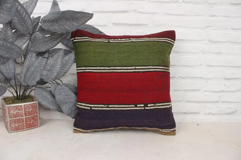 Turkish Pillow, Turkish Kilim Pillow, Handmade Throw Pillow Case, 16x16 Green Cushion, Designer Throw Pillow Case, Vintage Pillow, Pillow Case - 1