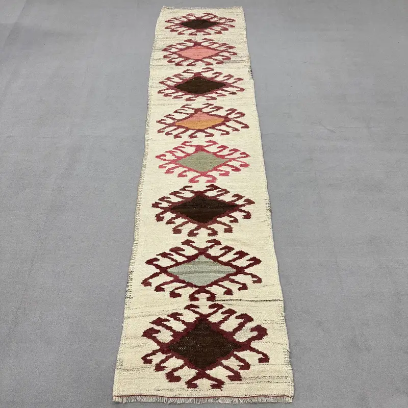 Turkish Kilim Runner Rug 2.7x11.2 ft (81x342 cm), Vintage Red Animal Print Rug - 1
