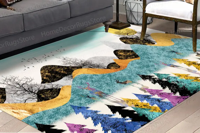 Deer Forest Scenery Printed Rug: Contemporary Abstract Mountain Landscape
