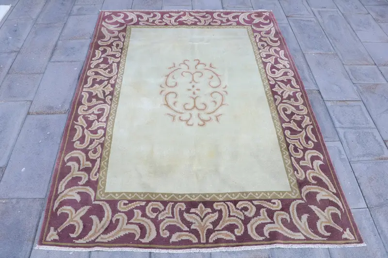 Vintage Rug, Area 3.5x7.5 ft Rug, Oushak Red Floral Rug - 1