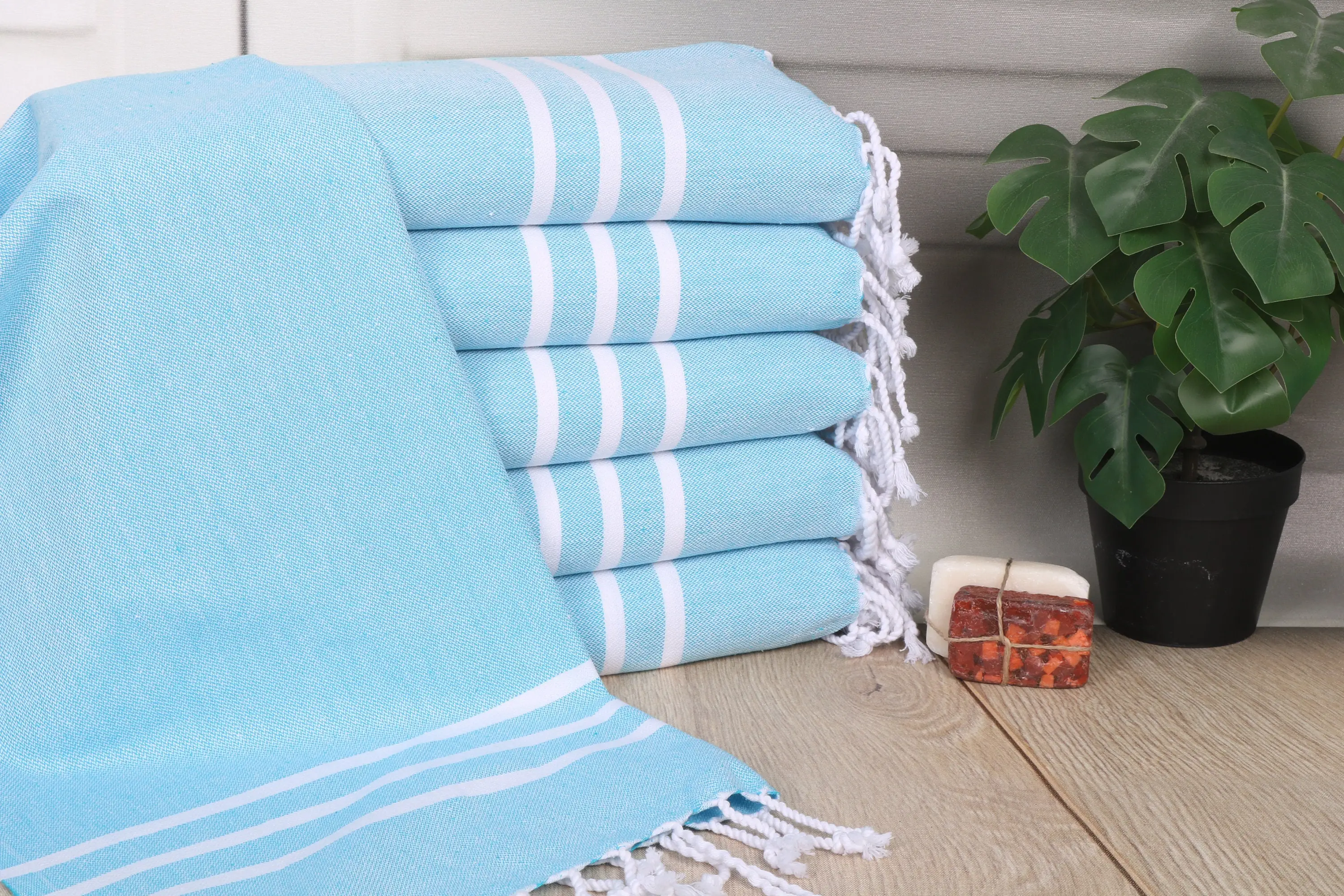 Monogram Turkish Cotton Towel: Turquoise Striped Kitchen or Bath, 20x40 Inches - 1
