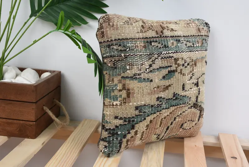 Kilim Cushion Sham, Pillow, Vintage Pillow, Turkish Pillow, 12x12 Beige Pillow Cover, Pattern Throw Pillow Sham, Decorative Pillow Case - 3