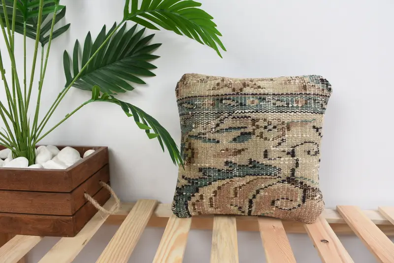 Kilim Cushion Sham, Pillow, Vintage Pillow, Turkish Pillow, 12x12 Beige Pillow Cover, Pattern Throw Pillow Sham, Decorative Pillow Case - 1