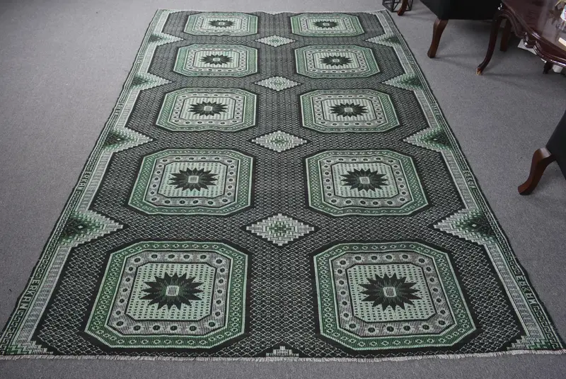 Kilim Rug, 5.9x8.9 ft Vintage Rug, Green Plants & trees Rug Wool - 1