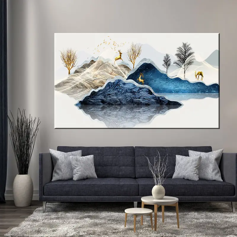 Yellow Tree and Deer on the Mountain, Decor Abstract Art, Digital Painting Art, Deer Abstract Art, Blue Mountain Wall Art, Nature Forest Art - 8