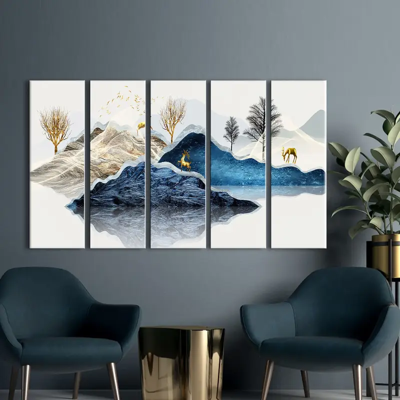 Yellow Tree and Deer on the Mountain, Decor Abstract Art, Digital Painting Art, Deer Abstract Art, Blue Mountain Wall Art, Nature Forest Art - 6