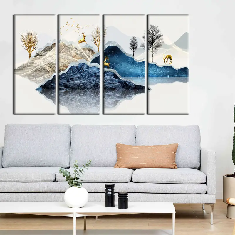 Yellow Tree and Deer on the Mountain, Decor Abstract Art, Digital Painting Art, Deer Abstract Art, Blue Mountain Wall Art, Nature Forest Art - 5