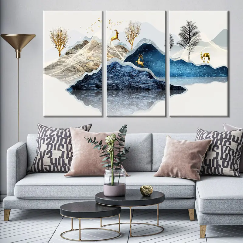 Yellow Tree and Deer on the Mountain, Decor Abstract Art, Digital Painting Art, Deer Abstract Art, Blue Mountain Wall Art, Nature Forest Art - 1