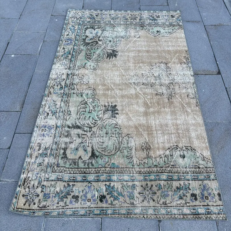 Vintage Area Rug 3.8x6.6 ft, Blue Brown Floral Rug Wool - 1