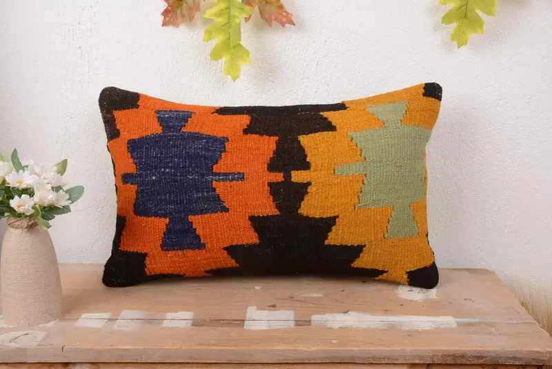 Orange & Gelb besticktes Kissen, 12x20 handgemachtes Wurfkissen