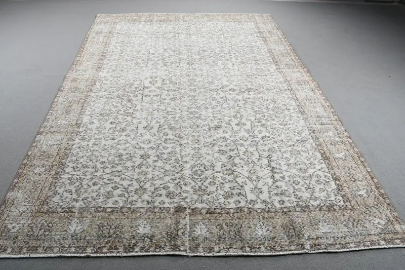 6.8x10 ft Oushak Türk Halısı, Beyaz Puantiyeli Vintage Halı Yün - 1