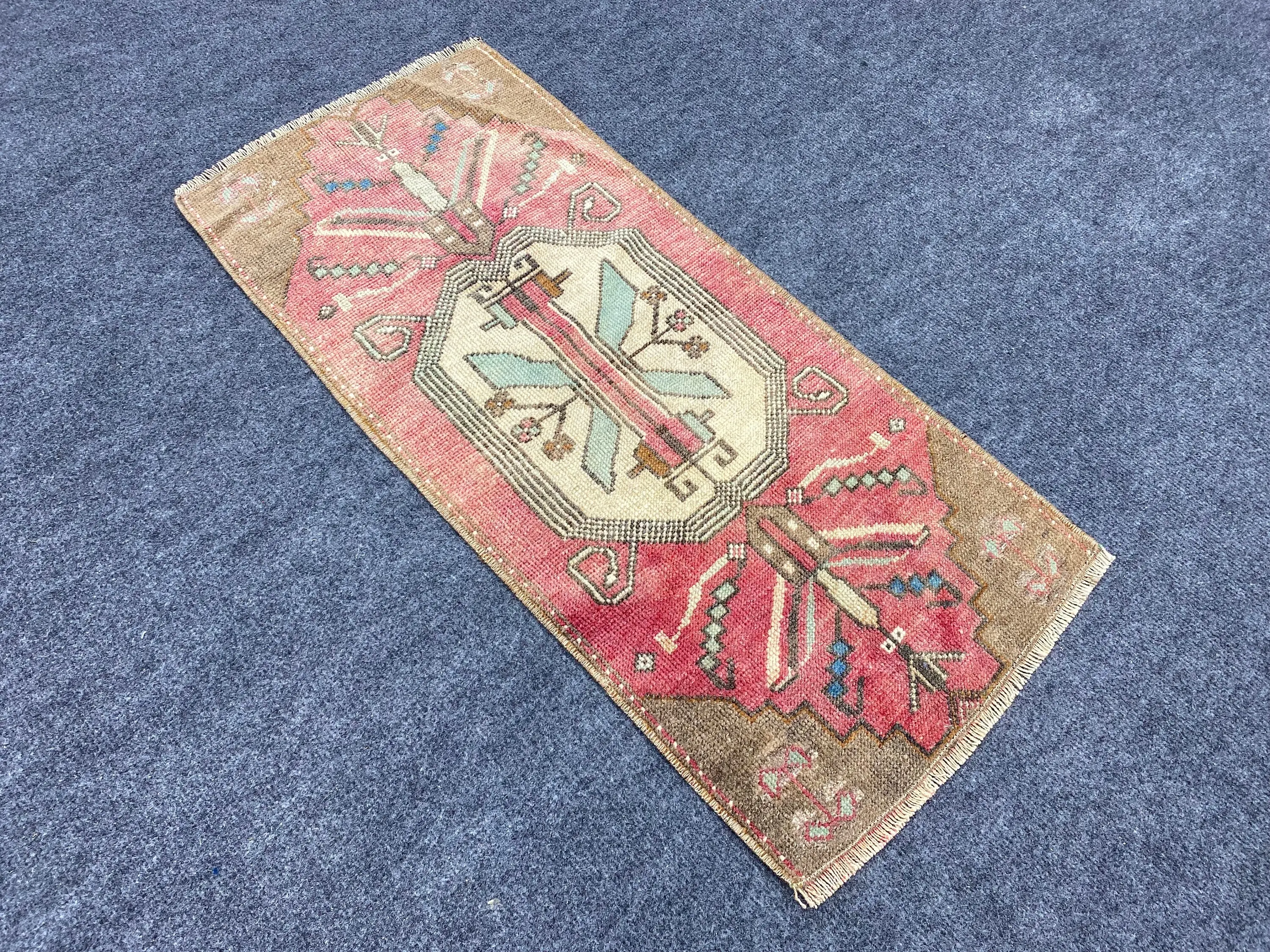 Vintage Small Rug 1.2x2.8 ft (38x84 cm), Turkish Red Southwestern Rug - 1