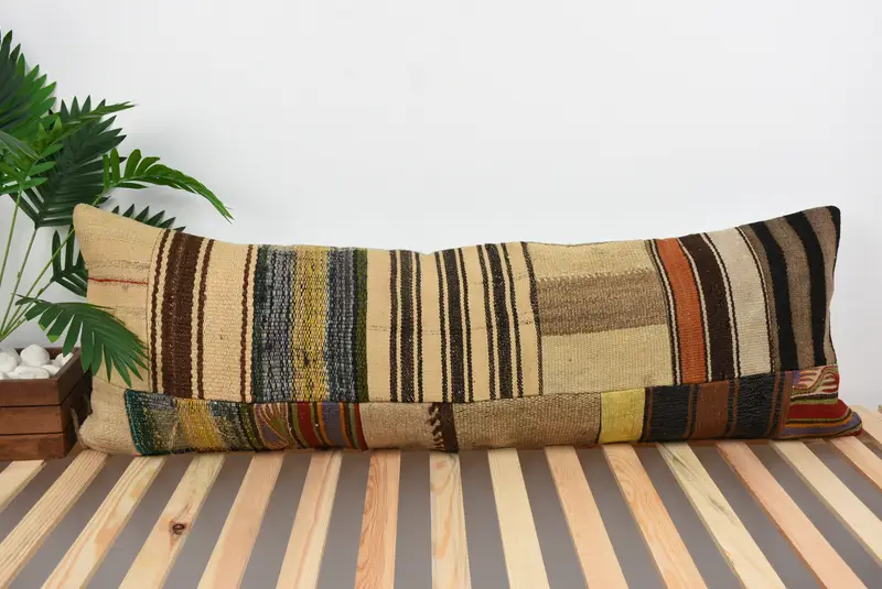 Sustainable Pillow, Boho Pillow, Pillow, Kilim Pillow Cover, 16x48 Beige Pillow Case, Vintage Throw Cushion Cover, Turkish Kilim Pillow - 1