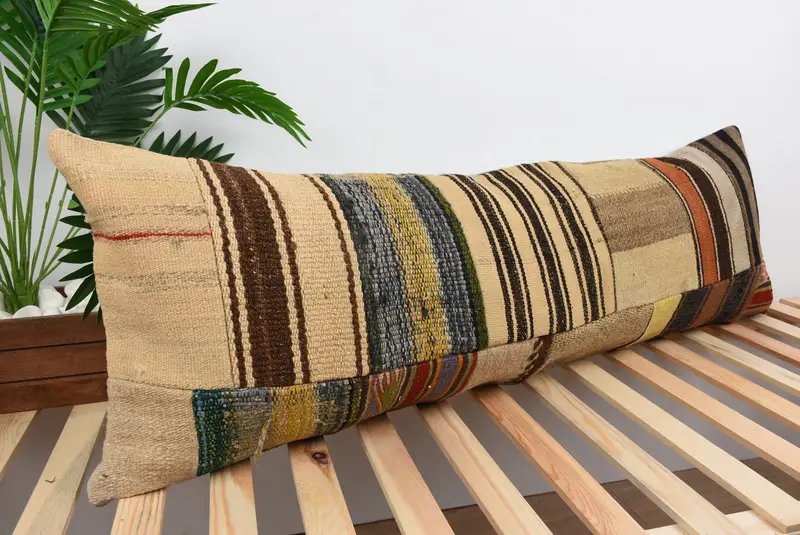 Sustainable Pillow, Boho Pillow, Pillow, Kilim Pillow Cover, 16x48 Beige Pillow Case, Vintage Throw Cushion Cover, Turkish Kilim Pillow - 4