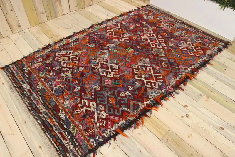 5.1x8.2 ft Büyük Vintage Türk Halısı, Kırmızı Çiçekli Yün Halı - 1