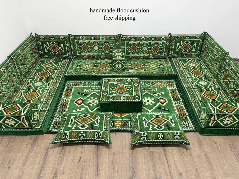 Victorian Green & Orange Wool Ottoman, Versatile Modular Ottoman