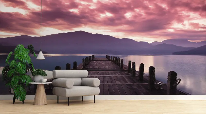 Baskılı Duvar Kağıdı: Pembe Bulutlar ve Deniz Manzarası Elegance