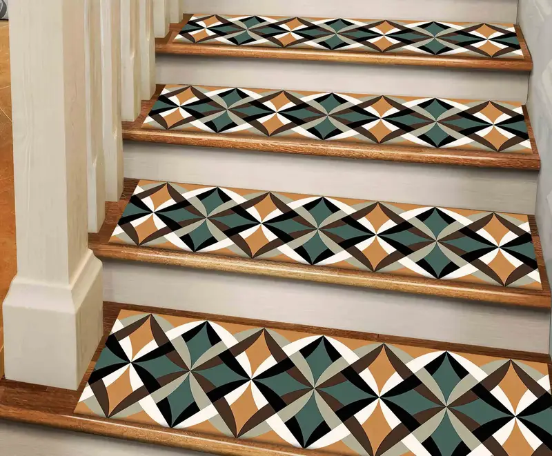 Green Geometric Stair Rug, Printed Kilim Design for Modern Homes