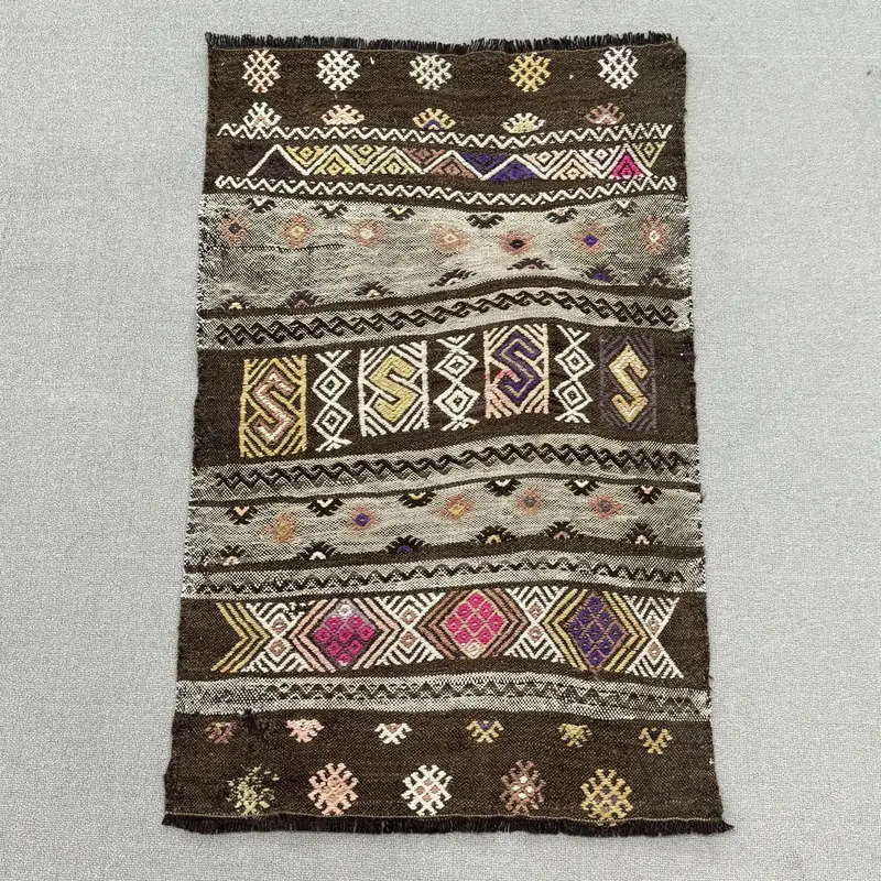 2x3.3 ft Rug, Turkish Vintage Rug, Brown Kilim Wool Rug - 1