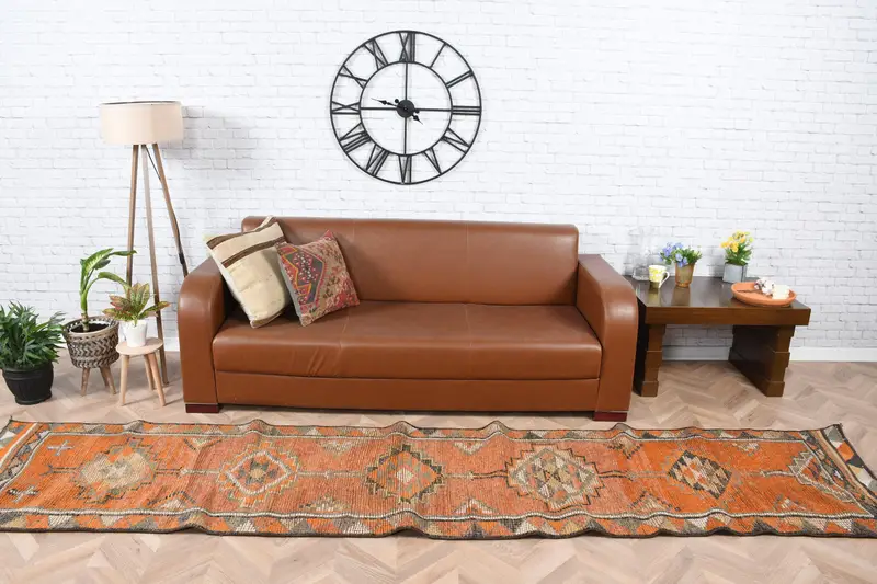Vintage Halı, 2.5x11.5 ft Runner Halı, Turuncu Ombré Yün Türk Halısı - 1