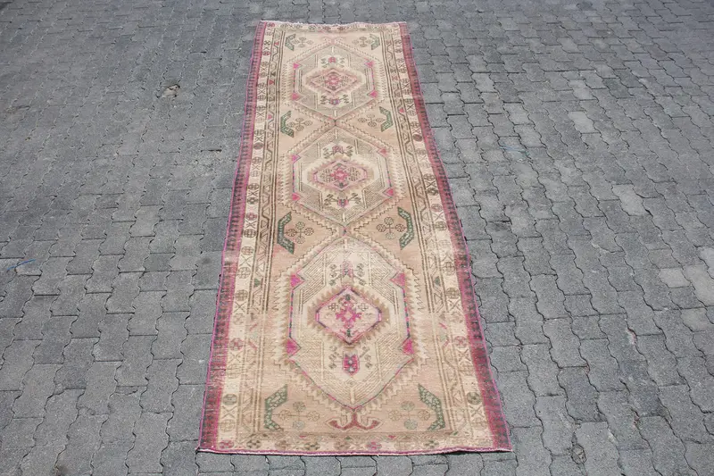 Turkish Oushak Rug 3.2x9.8 ft, Brown Pink Floral Wool Vintage Rug - 1