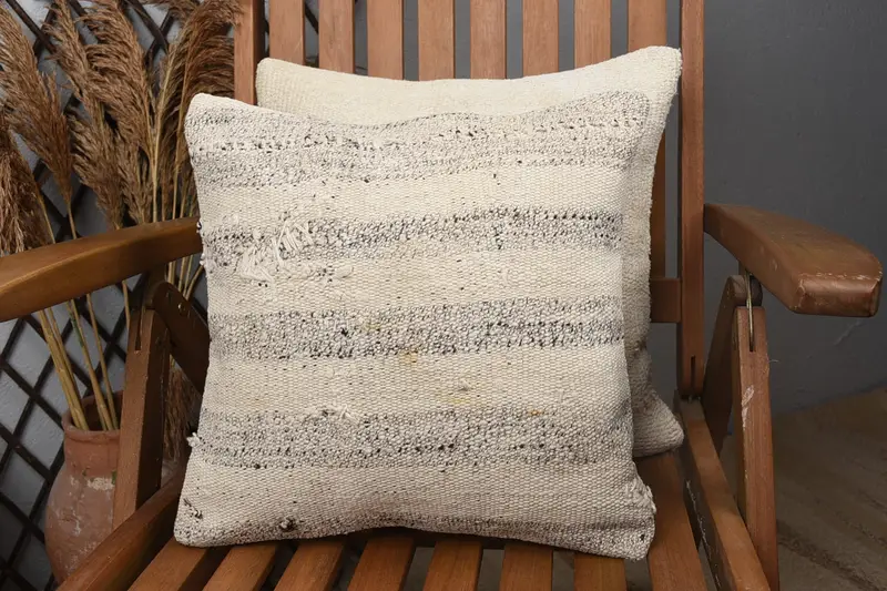 Vintage Pillow, Ethnical Kilim Rug Pillow, Vintage Kilim Pillow, 14x14 Beige Cushion, Pillow - 3
