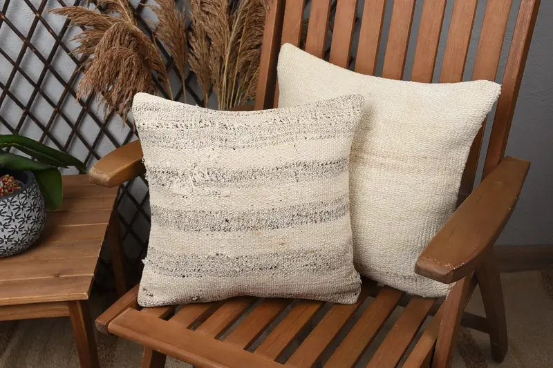 Vintage Pillow, Ethnical Kilim Rug Pillow, Vintage Kilim Pillow, 14x14 Beige Cushion, Pillow - 1