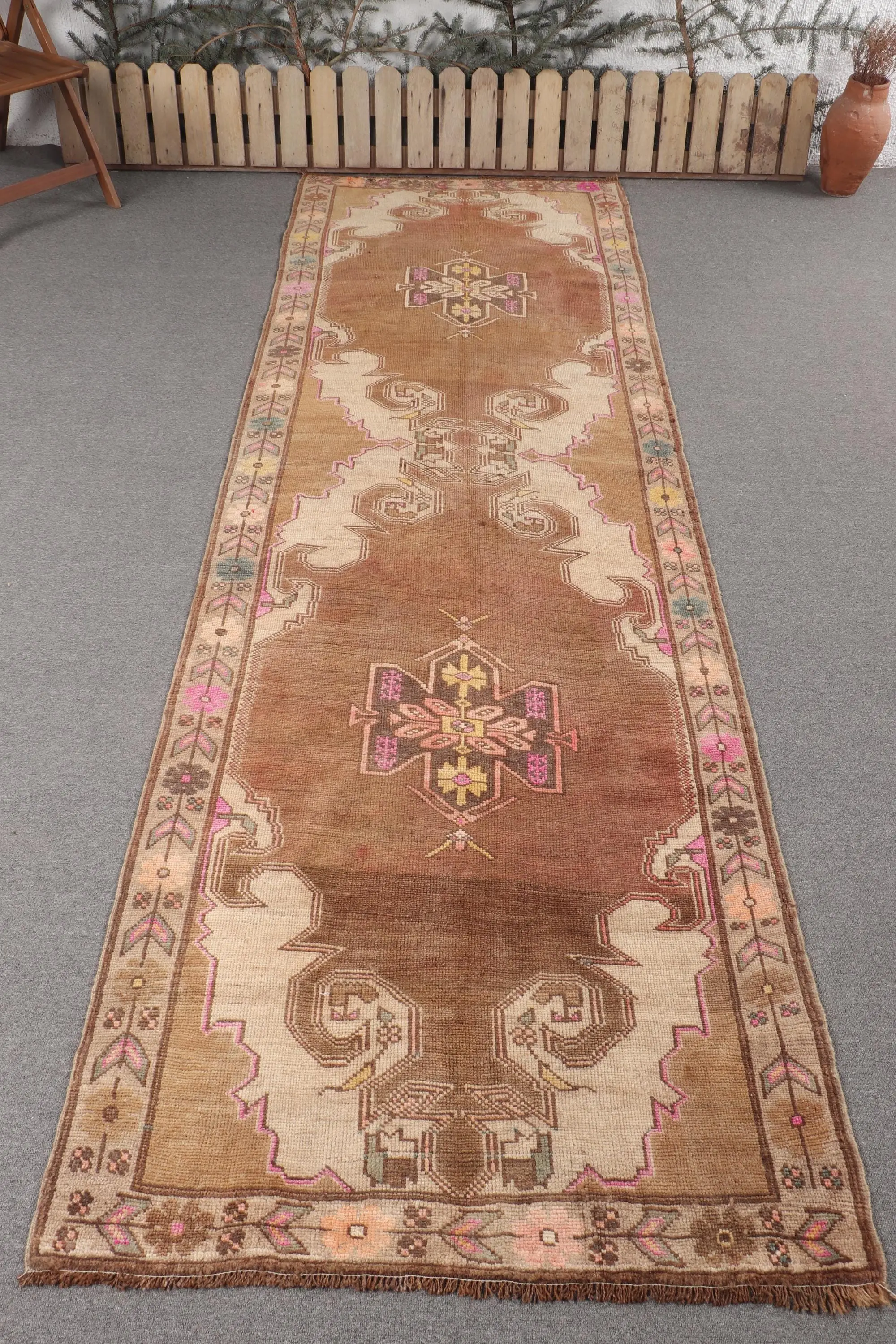 Vintage 3.6x11.5 ft Runner Rug, Turkish Rug, Brown Camouflage Rug - 1
