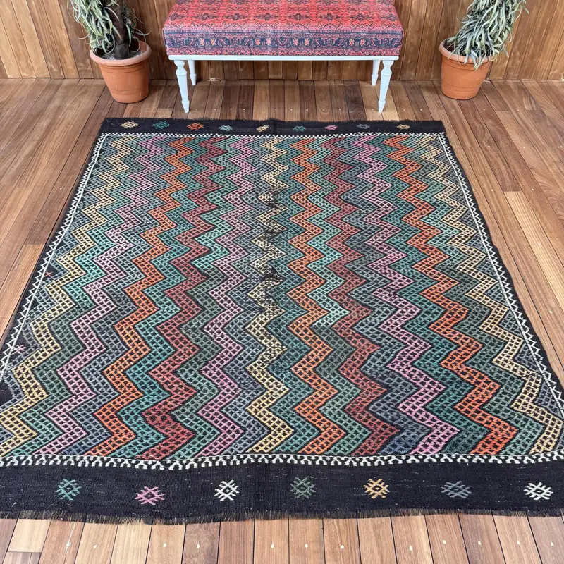 6.1x7 ft Rug, Vintage Turkish Rug, Oushak Blue Floral Rug - 1
