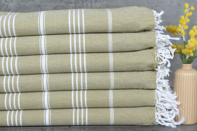 Bath Towel Handmade Gift Light Khaki Green Striped, 40x71 Inches