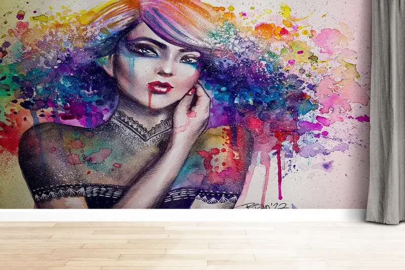 3d Wall Paper,Paper Wall Art ,Modern Mural,Wall Paper Peel and Stick,Colorful Girl Wall Painting,Rainbow Wall Poster, - 9