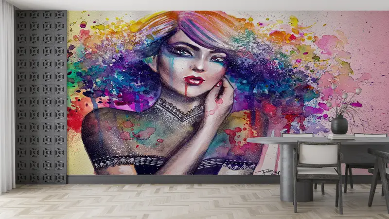 3d Wall Paper,Paper Wall Art ,Modern Mural,Wall Paper Peel and Stick,Colorful Girl Wall Painting,Rainbow Wall Poster, - 1