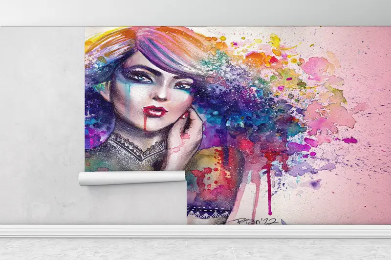 3d Wall Paper,Paper Wall Art ,Modern Mural,Wall Paper Peel and Stick,Colorful Girl Wall Painting,Rainbow Wall Poster, - 5