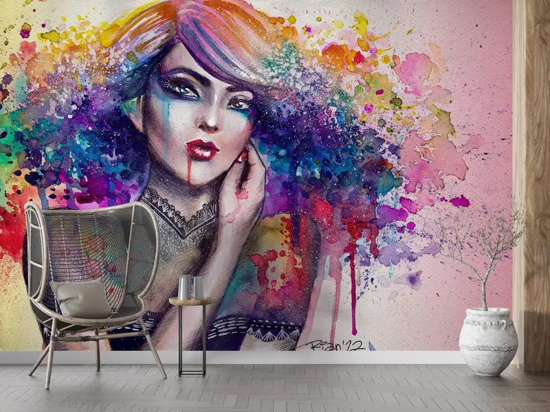 3d Wall Paper,Paper Wall Art ,Modern Mural,Wall Paper Peel and Stick,Colorful Girl Wall Painting,Rainbow Wall Poster, - 10