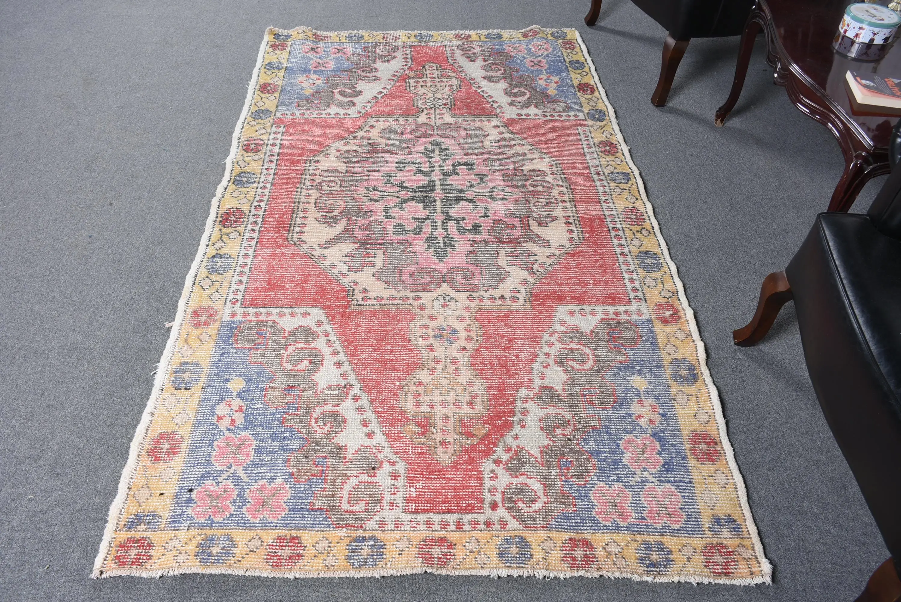 4,2x7,3 ft türkischer Teppich, Vintage Teppich, rot karierter Wollteppich - 1