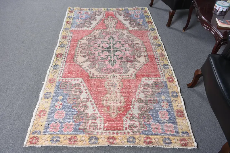 Alfombra de cuadros rojos y azules hecha a mano, 12 x 21 cm